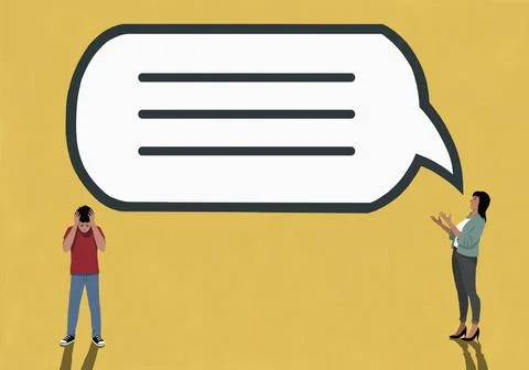 Frustrated boy with head in hands below large speech bubble coming from talking Stock Illustration