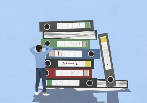 Frustrated businessman looking at messy stack of binders Stock Illustration