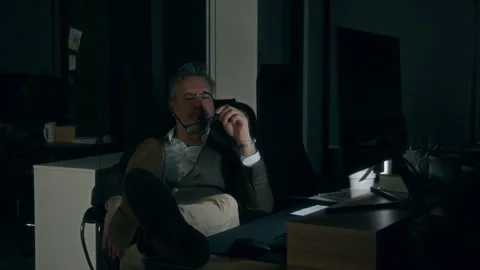 Frustrated Caucasian Man Staring at Computer Screen at Night in Dark Office Stock Footage 331851577