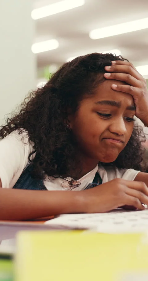 Frustrated, child or difficult homework in library with stress, education Stock Footage 320248808