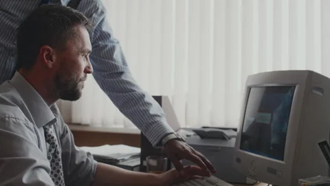 Frustrated Clerk with Broken Computer with Black Screen in 90s Stock Footage 280264509