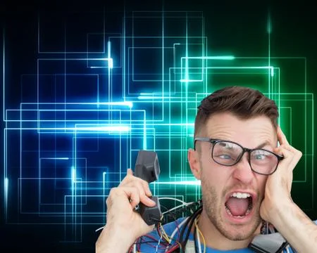 Frustrated computer engineer screaming while on call Stock Illustration
