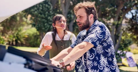 Frustrated couple, car problem and argument with fight for road side assistance Stock Footage 322132355