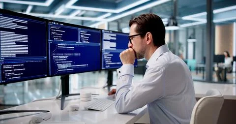 Frustrated Developer Stares At Computer Screen After Making Coding Mistake. Stock Photos