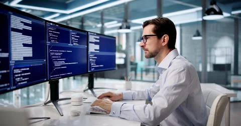 Frustrated Developer Stares At Computer Screen After Coding Mistake In Office Stock Photos
