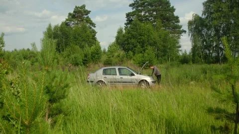 Frustrated driver inspecting broken car engine in tall grass field Stock Footage 312845269