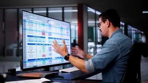 Frustrated Employee With Spreadsheet Data Screen Stock Footage 283689947