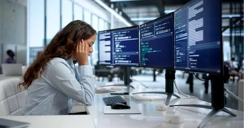 Frustrated Female Engineer Struggles To Debug Complex Broken System Code. Stock Photos