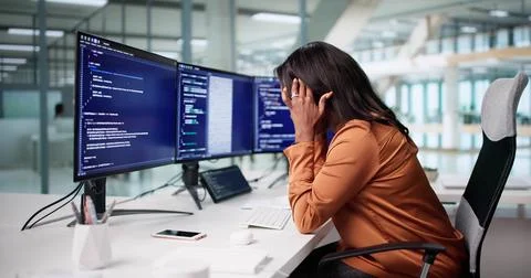 Frustrated Female Software Developer Bored With Coding In Web Engineering. Stock Photos