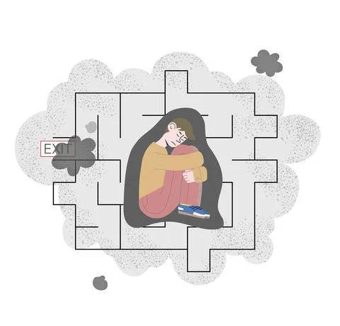 Frustrated guy with depression, nervous problem feel anxiety and confusion of Stock Illustration