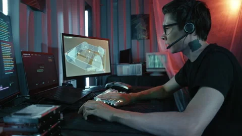 Frustrated hacker working with multiple computers and displays Vídeos de archivo 341662478