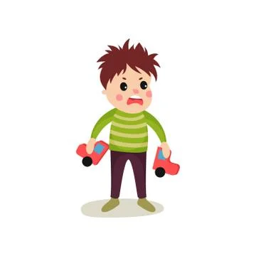 Frustrated kid boy flat character holding broken toy car in hands Stock Illustration