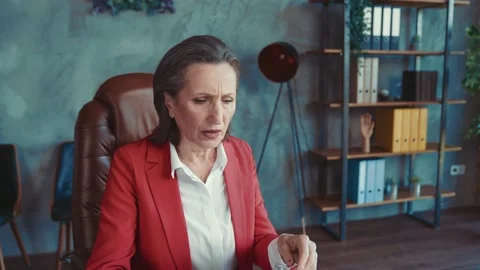 Frustrated lady marketer rub head fatigue difficut task sit desk in workspace Stock Footage 167311398