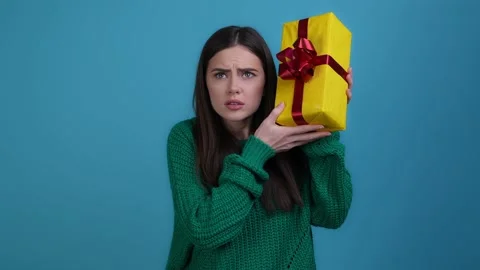 Frustrated lady not like disgust pack isolated dark blue color background Stock Footage 167219367