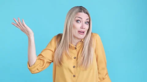 Frustrated lady worker not like wrong idea isolated blue color background Stock Footage 170754595