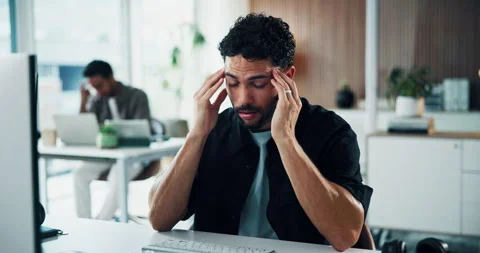 Frustrated, man and headache in office with computer, marketing crisis and Stock Footage 329393215