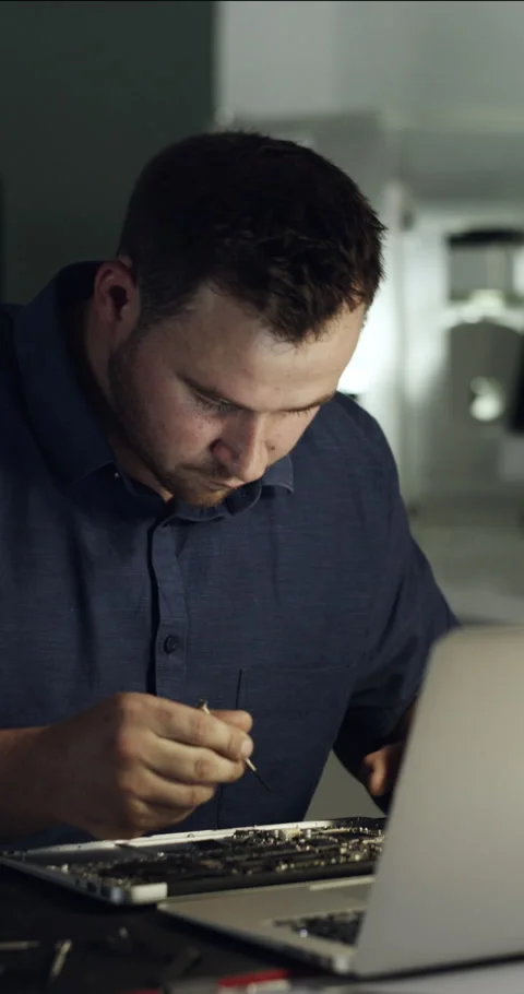 Frustrated, man and technician with laptop for repair, fixing electrical Stock Footage 330061855