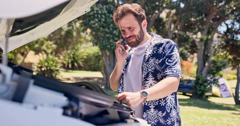 Frustrated man, car problem and phone call with help for road side assistance, Stock Footage 322143202