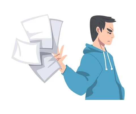 Frustrated Man Character Throwing Sheets of Paper Vector Illustration Illustrazione stock