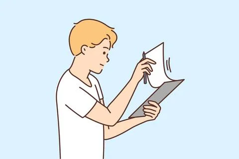 Frustrated man checking paperwork Stock Illustration