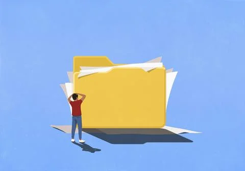 Frustrated man looking at messy paperwork spilling out of large file folder Stock Illustration