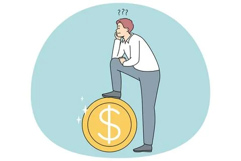 Frustrated man thinking of financial problems Frustrated man near huge coi... Foto stock