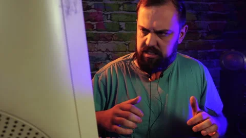 Frustrated Man Working on Desktop Computer From 1990's Looking at CRT Monitor 스톡 동영상 302443969