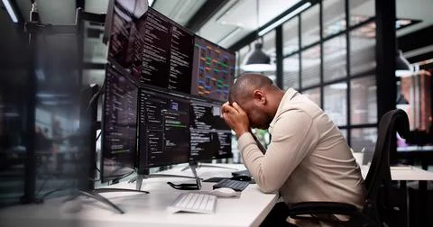 The Frustrated Programmer: A Sad Man Struggles With Software Development. Stockfoto's