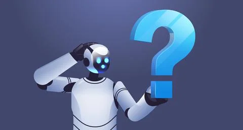 Frustrated robot cyborg holding question mark help support service faq problem Illustrazione stock