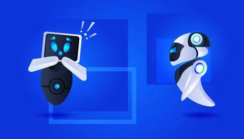 Frustrated robots cyborg with exclamation marks help support service FAQ problem Stock Illustration