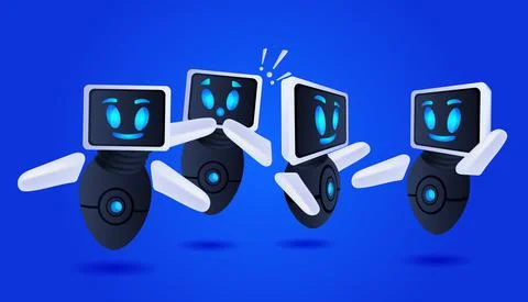 Frustrated robots cyborg with exclamation marks help support service FAQ problem Stock Illustration