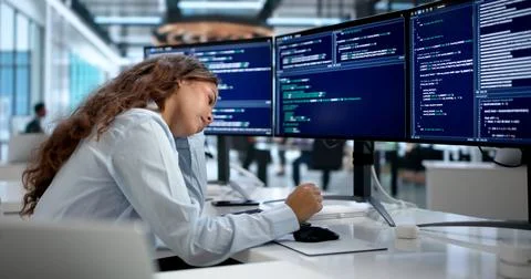 Frustrated Woman Coder Struggles To Fix Broken AI System Code Today. Fotos Stock