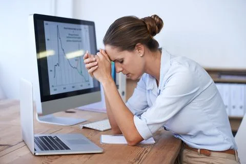 Frustrated woman, computer and stress for office data, stock market crash and Stock Photos