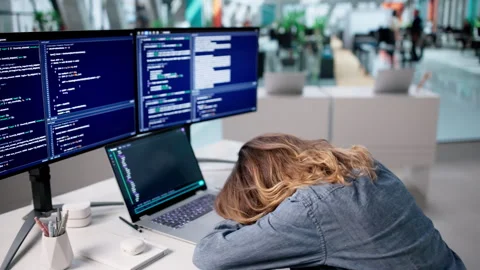 Frustrated Woman Developer Struggles With Coding Mistakes Stock Footage 336793707