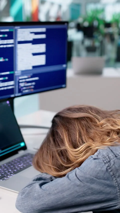 Frustrated Woman Developer Struggles With Coding Mistakes Stock Footage 337227700