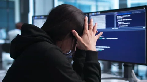 Frustrated Woman Developer Struggles With Coding Mistakes Stock Footage 338171732