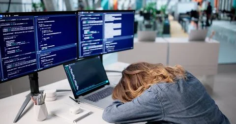 Frustrated Woman Programmer Struggles With Coding Errors Late In Office. Stock Photos