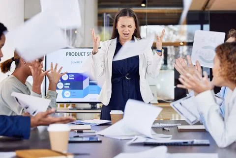 Frustration, argument and business people fighting in meeting while throwing Stock Photos