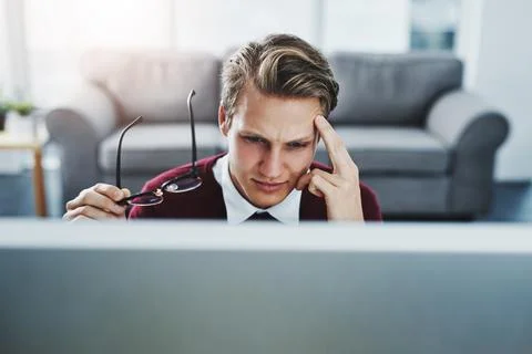 Frustration, computer and man in home for remote work with glitch online for Stock Photos