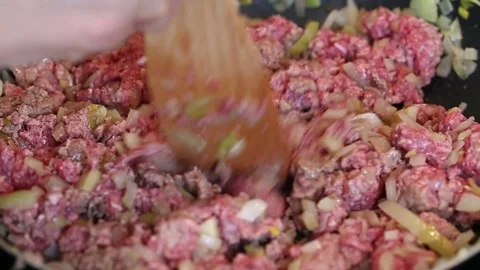 Fry chopped meat for lasagna Stock Footage 74791759