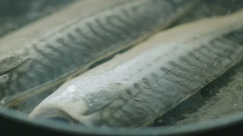 Fry mackerel in oil in a pan. Video stock 121863950