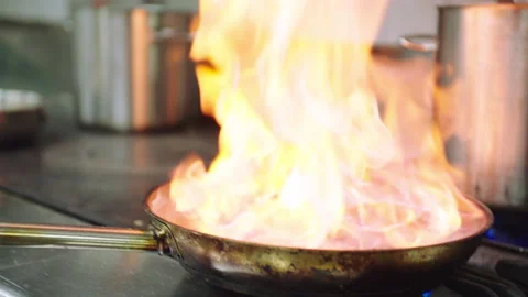 Fry the meat in a frying pan with fire Stock Footage 235000386