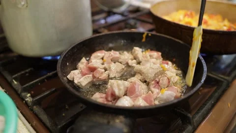 Fry meat in a frying pan in the kitchen Vídeo Stock 221213150