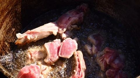 Fry rabbit pieces in a pot in nature Stock Footage 110735467
