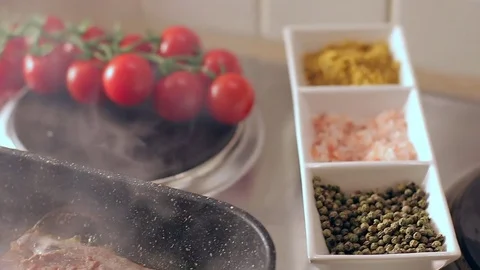 Fry steak meat. closeup. slow motion Stock Footage 71504162