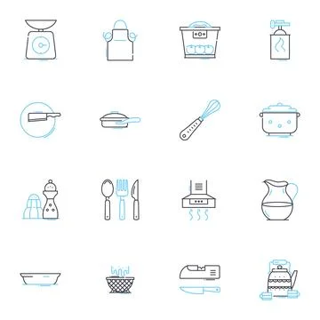 Fryer linear icons set. Crispy, Oil, Deep-fry, Fried, Golden, Delicious, Grease Illustrazione stock