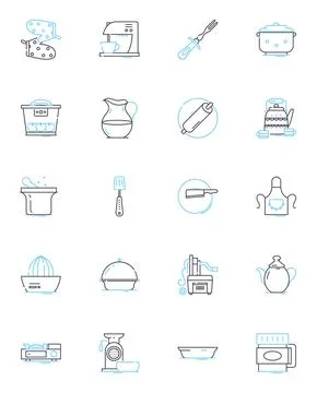 Fryer linear icons set. Crispy, Oil, Deep-fry, Fried, Golden, Delicious, Grease Stock Illustration