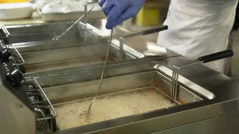 Frying calamari in a restaurant fryer Stock Footage 314857766