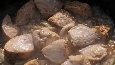 Frying Chicken and Onions on Campfire Stock Footage 303758628