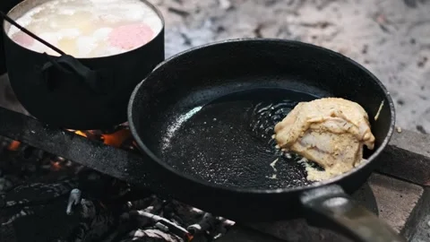 Frying Chicken Meat Over Campfire Stock Footage 303706696